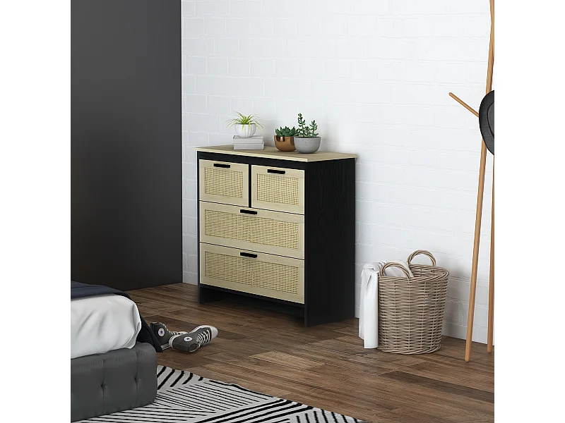 Cassettiera 4 cassetti in truciolato e rattan per soggiorno e camera da letto