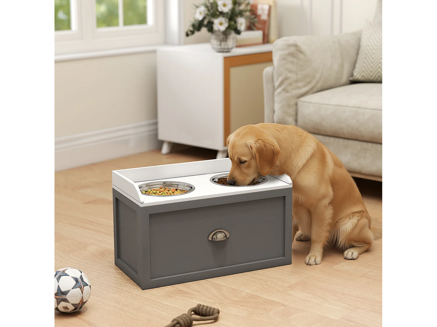 Ciotole per cani rialzate in acciaio inox e legno con cassetto grigio