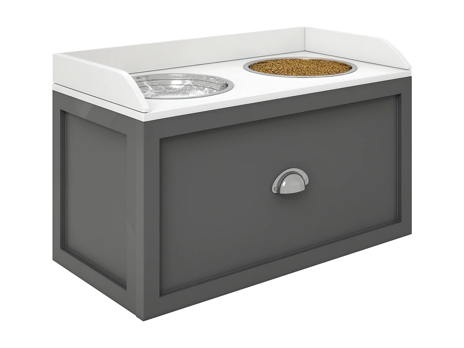 Ciotole per cani rialzate in acciaio inox e legno con cassetto grigio