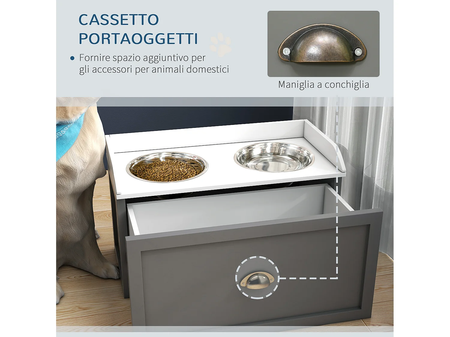 Ciotole per cani rialzate in acciaio inox e legno con cassetto grigio