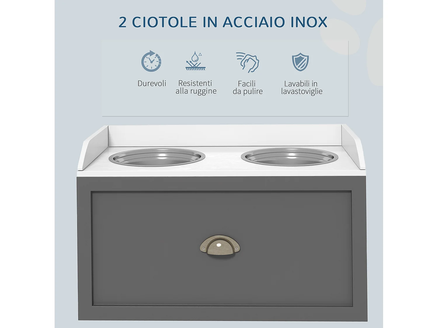 Ciotole per cani rialzate in acciaio inox e legno con cassetto grigio