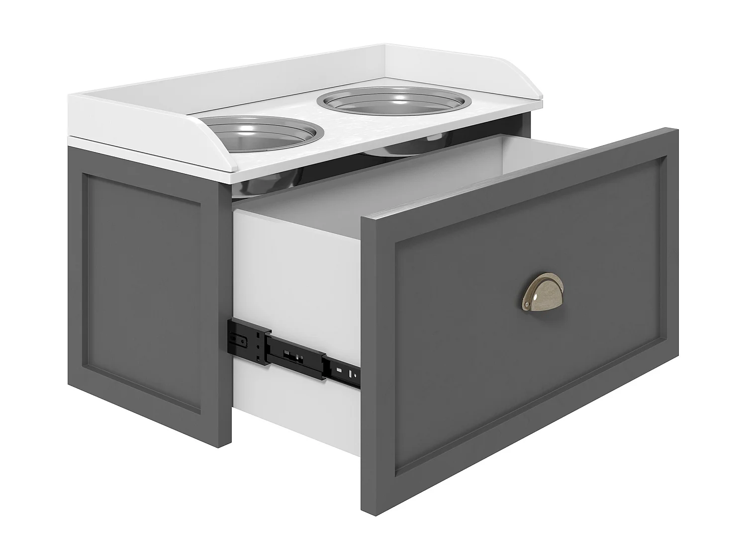 Ciotole per cani rialzate in acciaio inox e legno con cassetto grigio