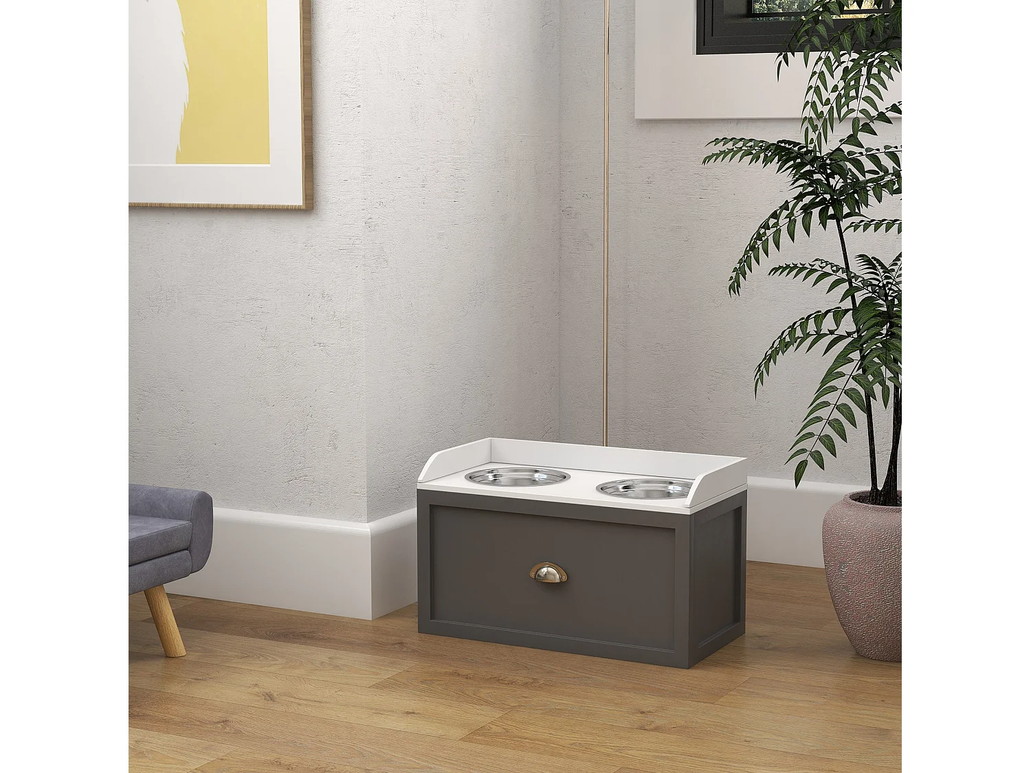 Ciotole per cani rialzate in acciaio inox e legno con cassetto grigio