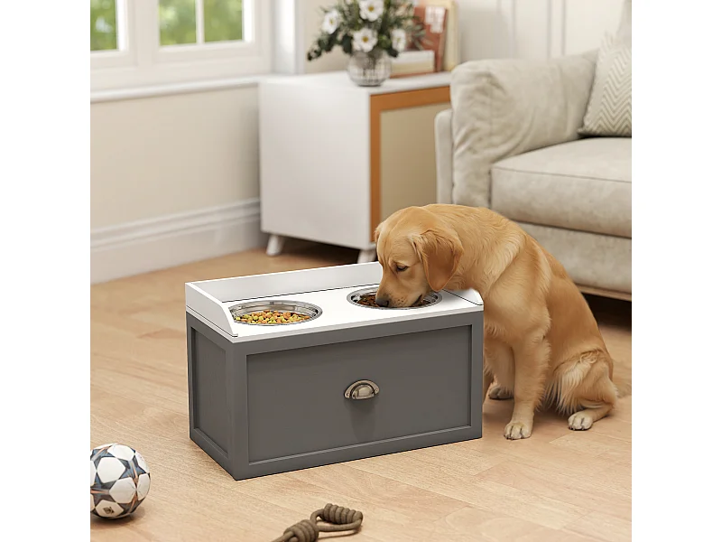 Ciotole per cani rialzate in acciaio inox e legno con cassetto grigio