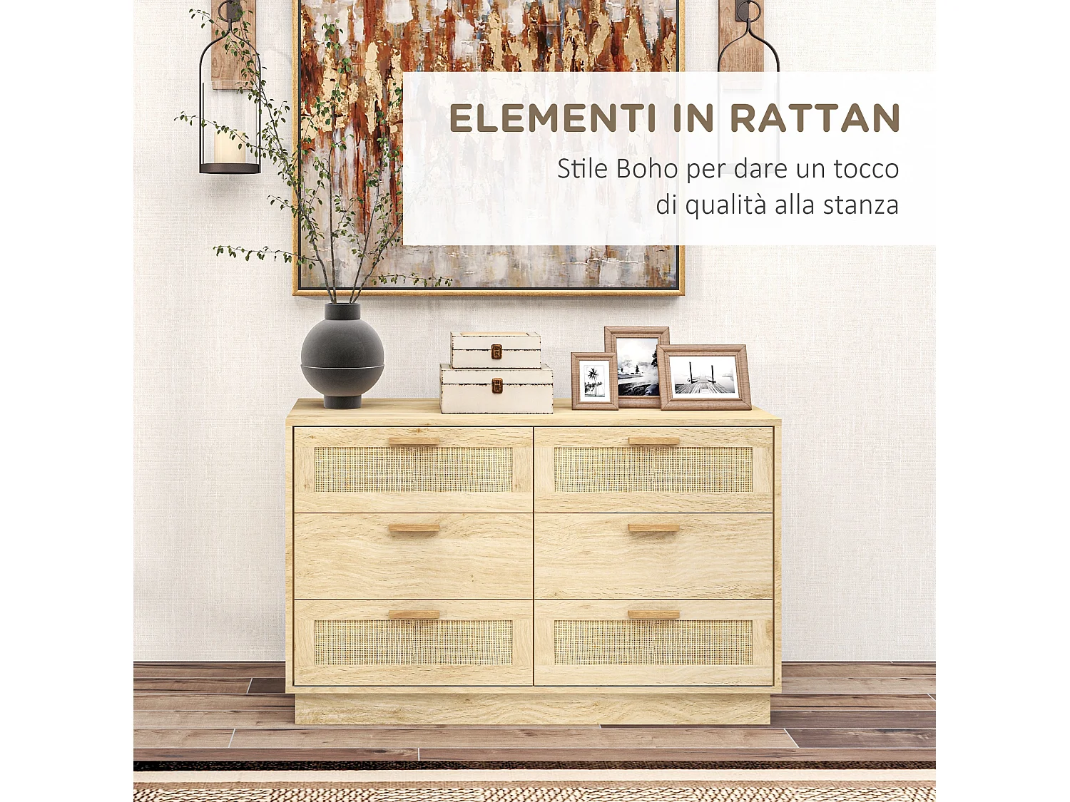 Cassettiera camera da letto a 6 cassetti in rattan comò moderna con maniglie