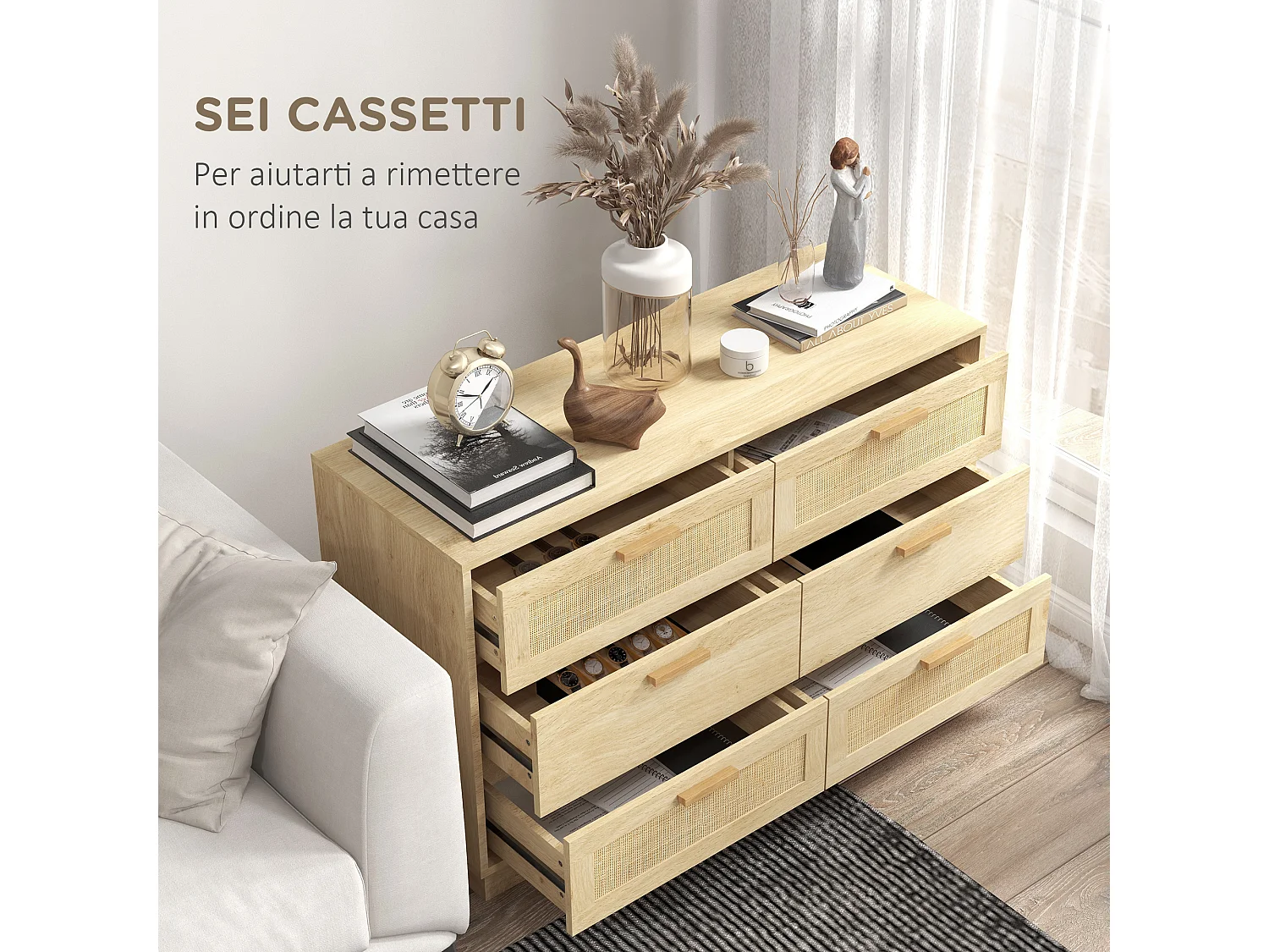 Cassettiera camera da letto a 6 cassetti in rattan comò moderna con maniglie