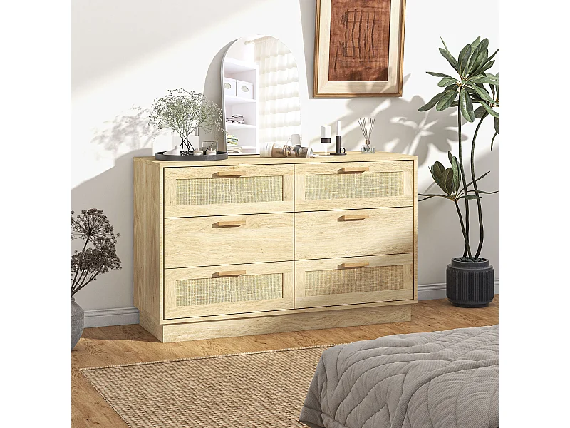 Cassettiera camera da letto a 6 cassetti in rattan comò moderna con maniglie