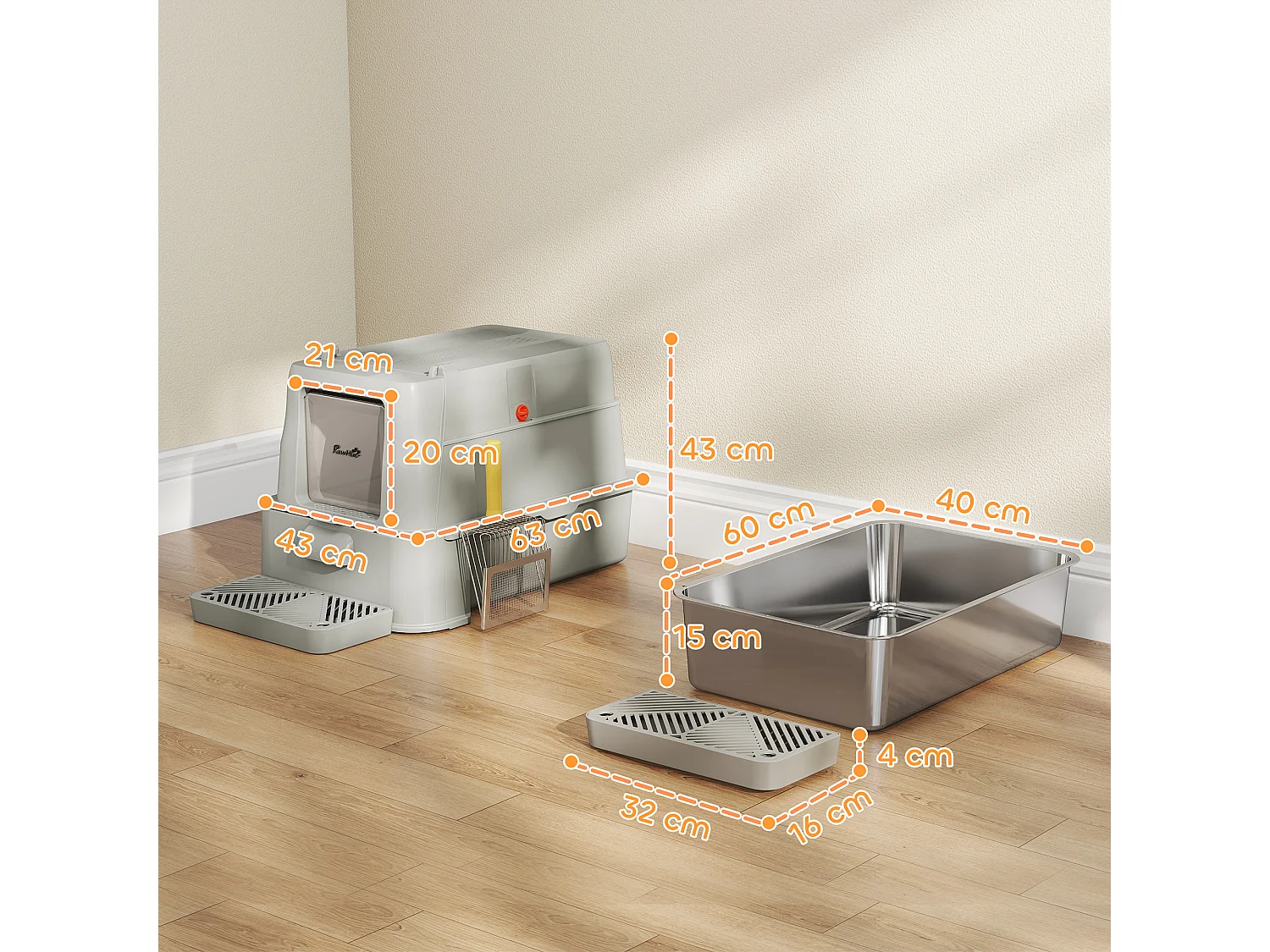 Lettiera per gatti chiusa da 80l con vassoio estraibile grigio chiaro