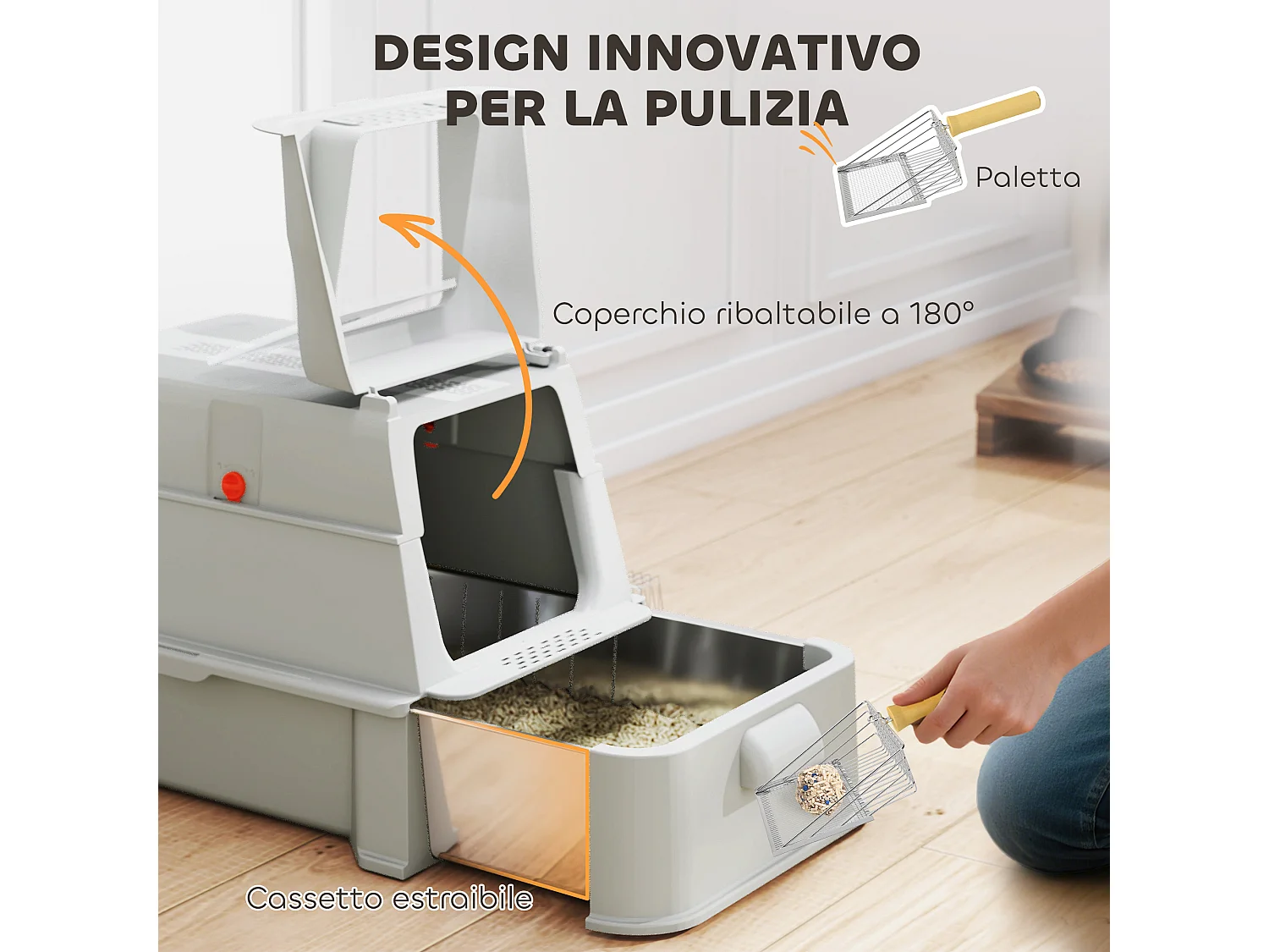 Lettiera per gatti chiusa da 80l con vassoio estraibile grigio chiaro