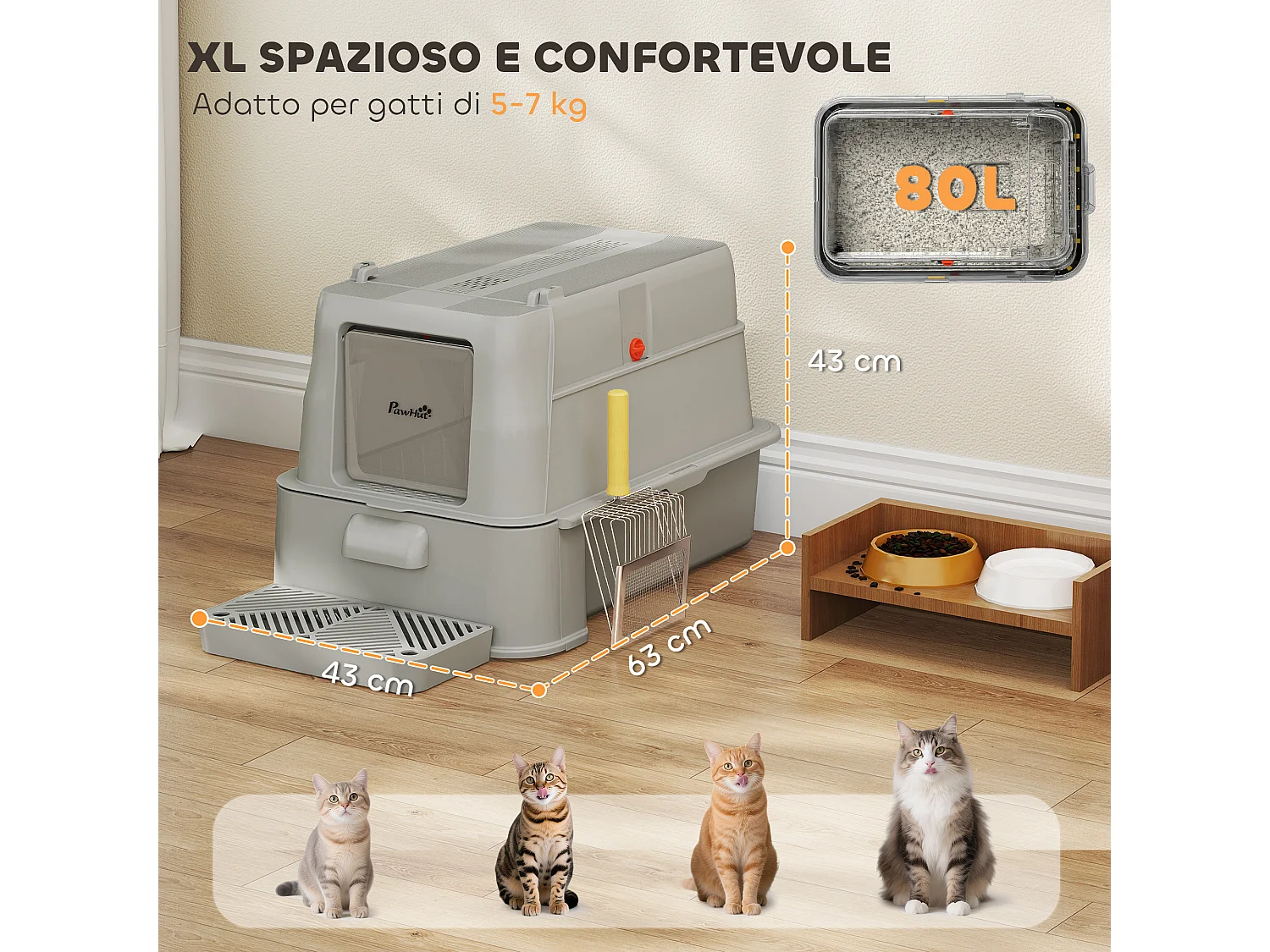 Lettiera per gatti chiusa da 80l con vassoio estraibile grigio chiaro