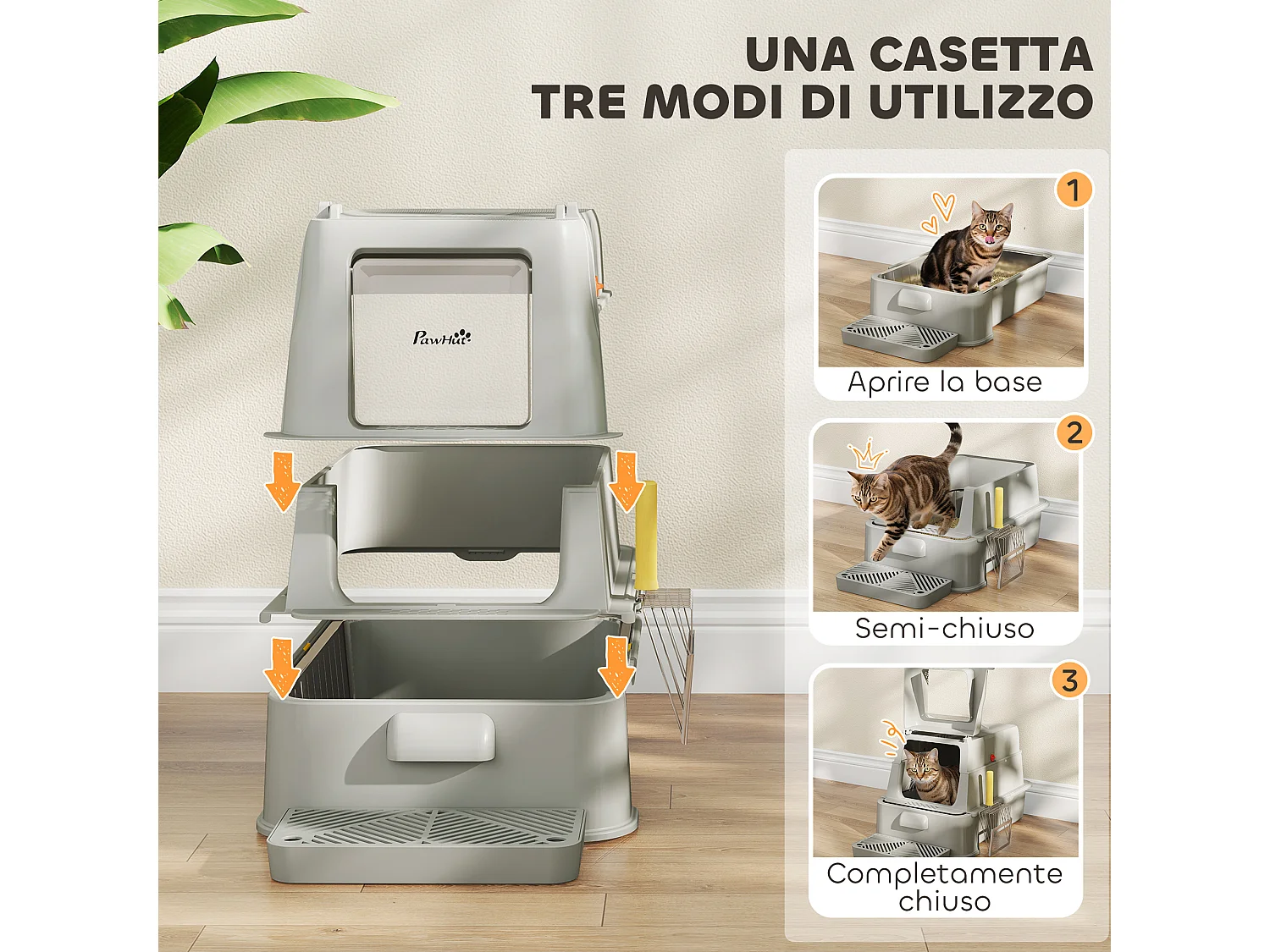 Lettiera per gatti chiusa da 80l con vassoio estraibile grigio chiaro