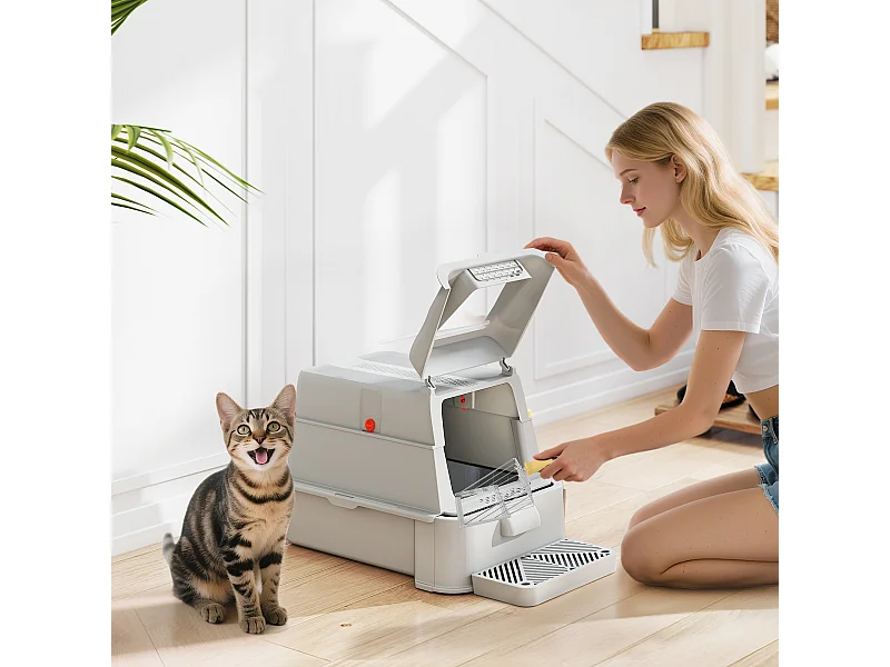 Lettiera per gatti chiusa da 80l con vassoio estraibile grigio chiaro