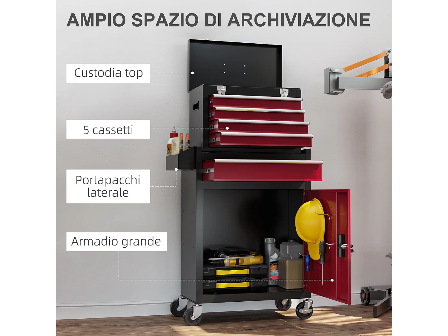 Carrello portautensili con cassetta rimovibile e armadietto con chiavi