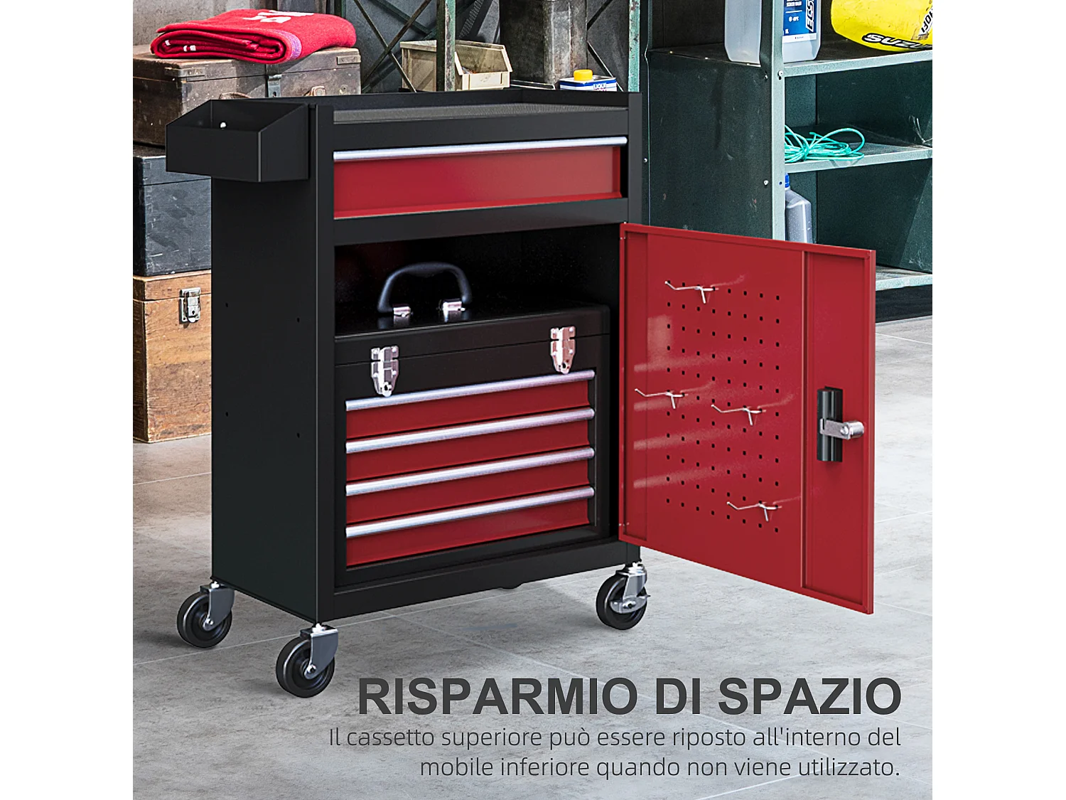 Carrello portautensili con cassetta rimovibile e armadietto con chiavi