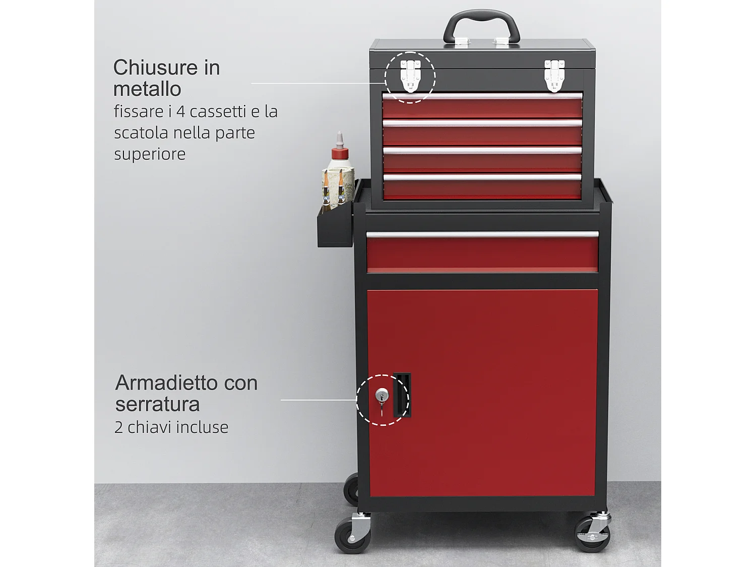 Carrello portautensili con cassetta rimovibile e armadietto con chiavi