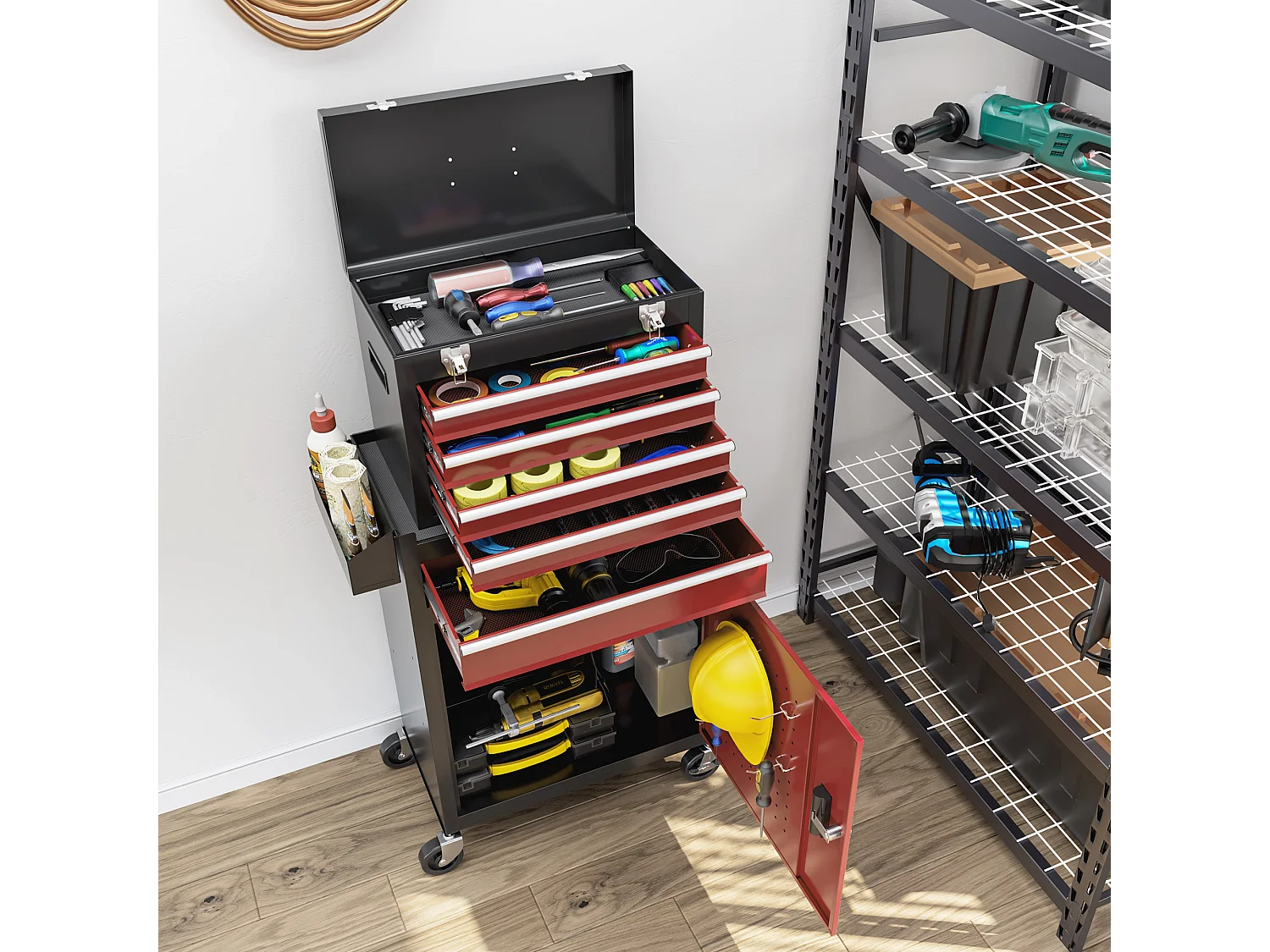 Carrello portautensili con cassetta rimovibile e armadietto con chiavi