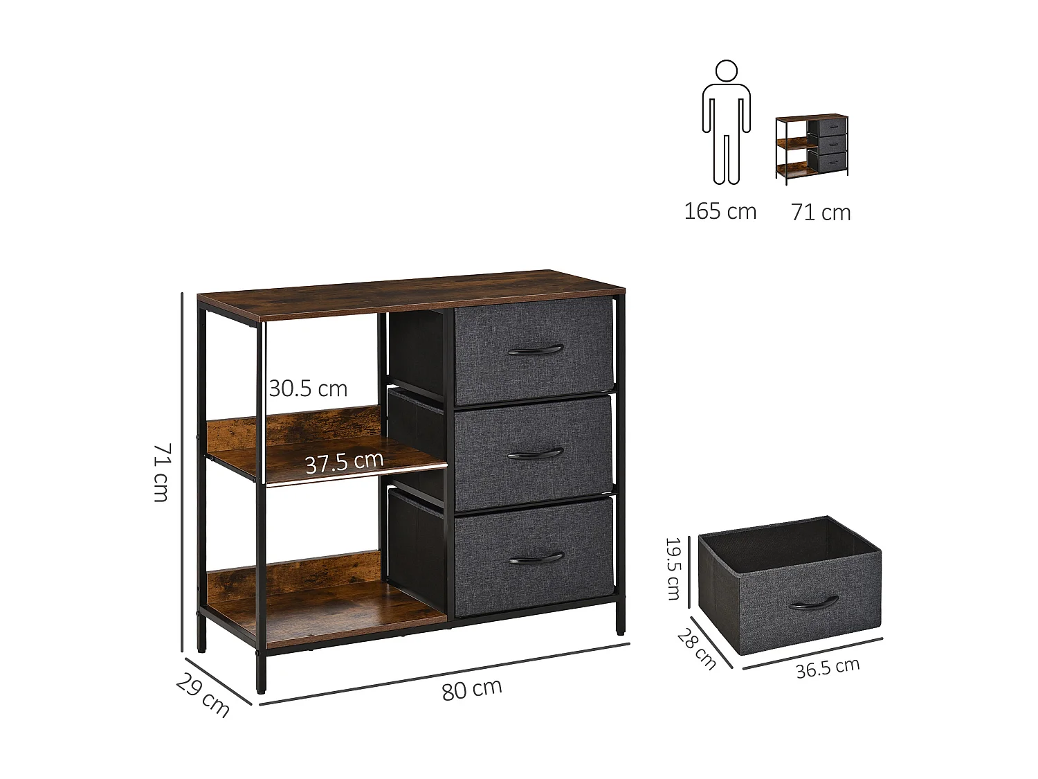 Mobile cassettiera multiuso 3 cassetti in tessuto 80x29x71cm