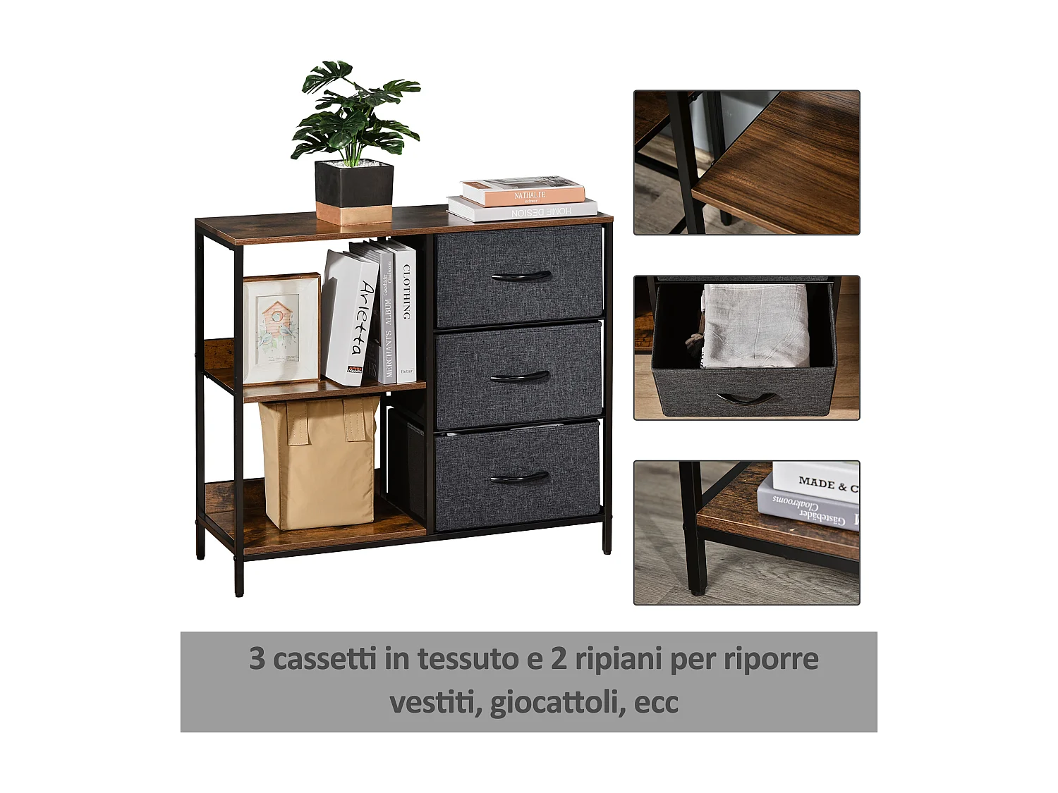 Mobile cassettiera multiuso 3 cassetti in tessuto 80x29x71cm