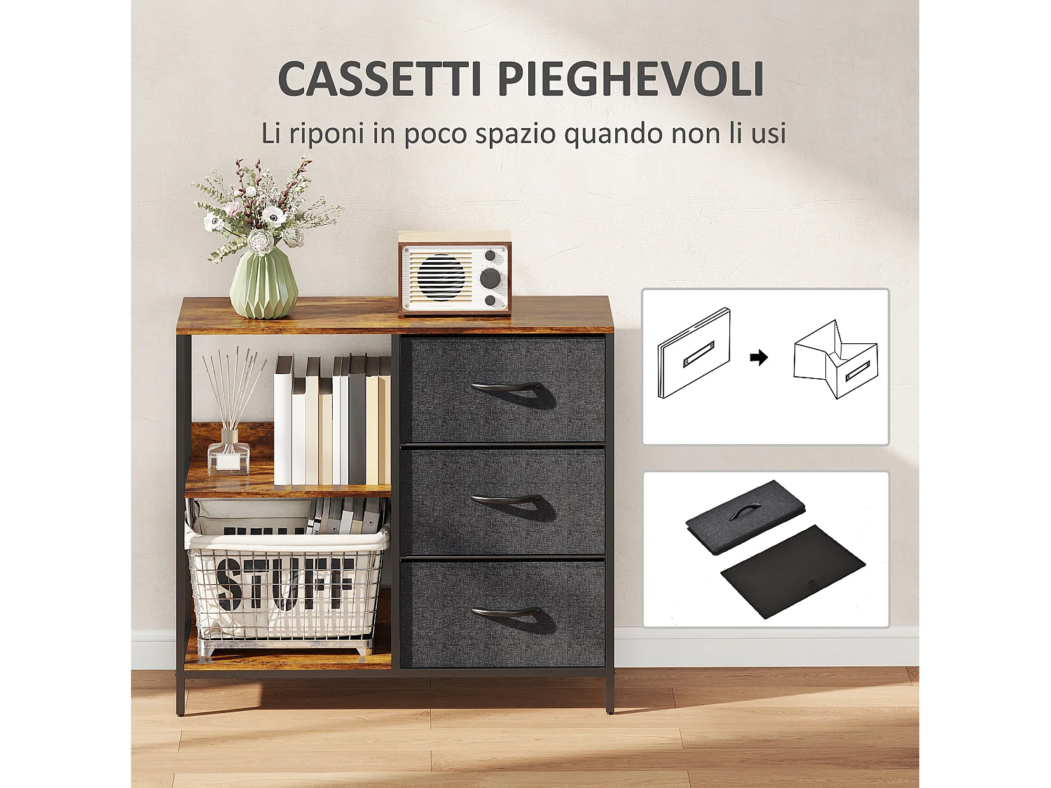 Mobile cassettiera multiuso 3 cassetti in tessuto 80x29x71cm