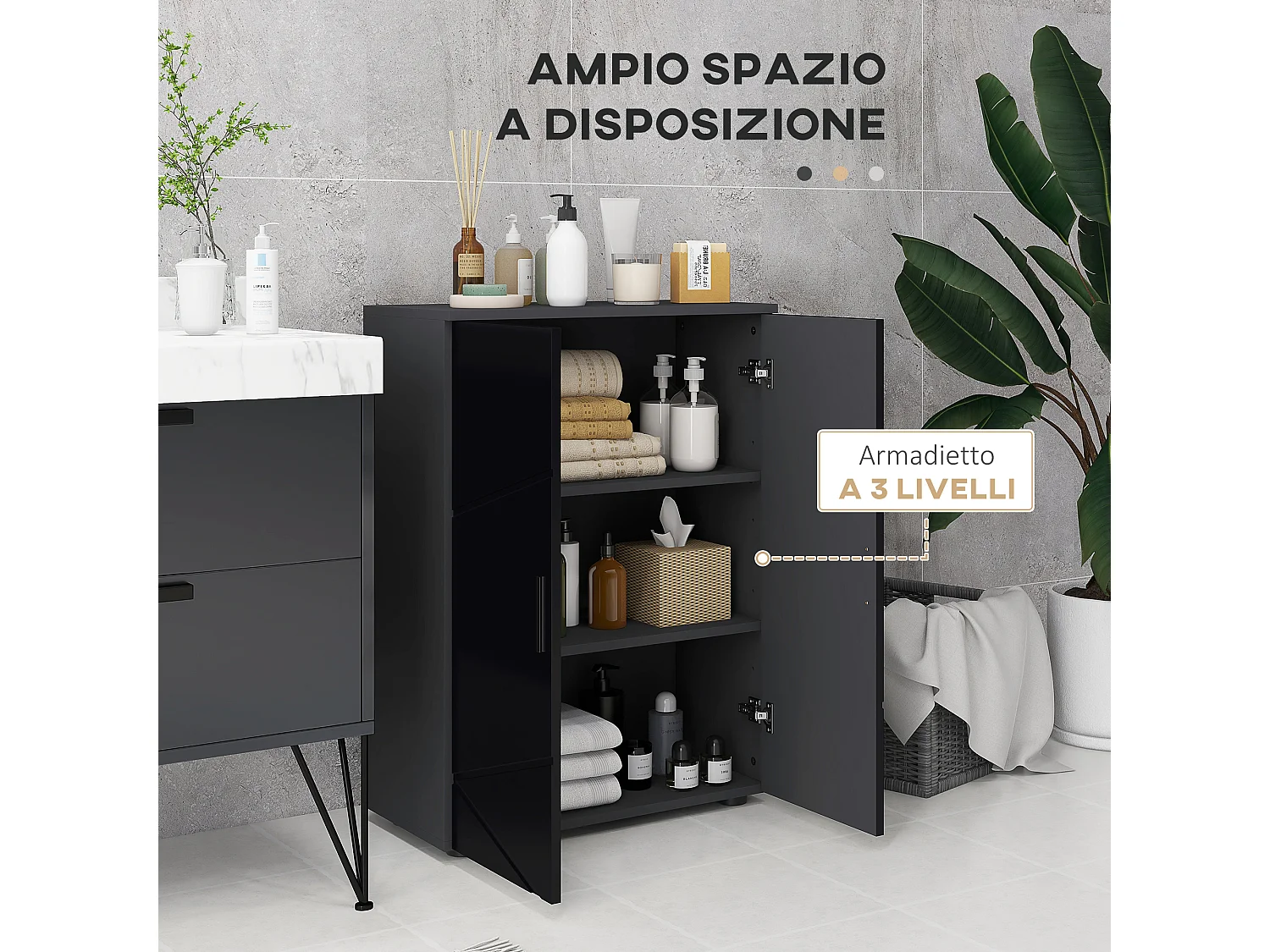 Mobiletto bagno 2 ante con 3 ripiani 60x30x82cm in legno nero