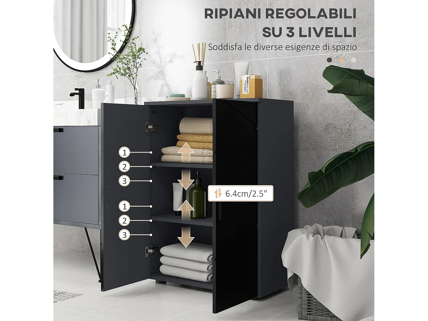 Mobiletto bagno 2 ante con 3 ripiani 60x30x82cm in legno nero