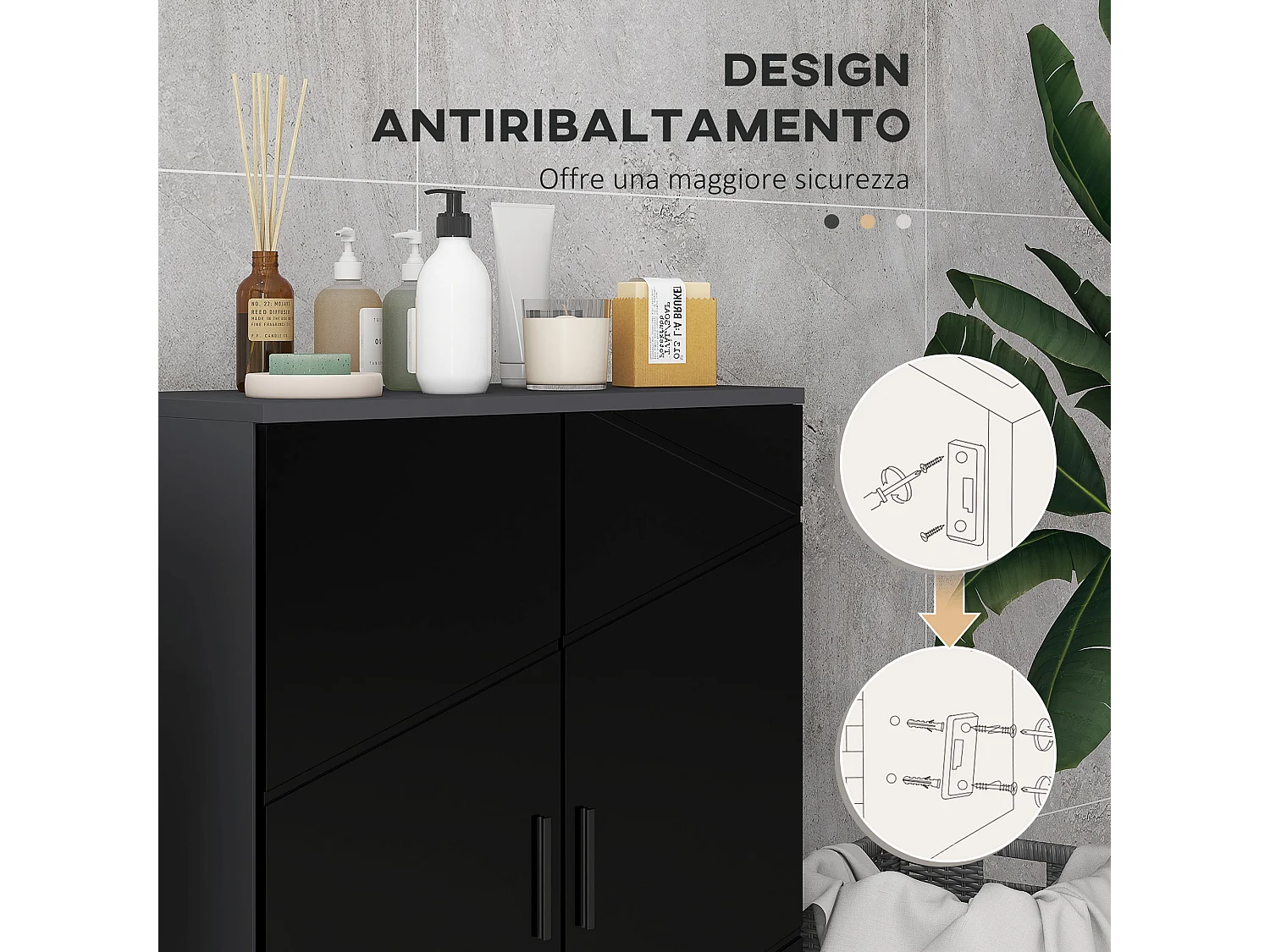 Mobiletto bagno 2 ante con 3 ripiani 60x30x82cm in legno nero