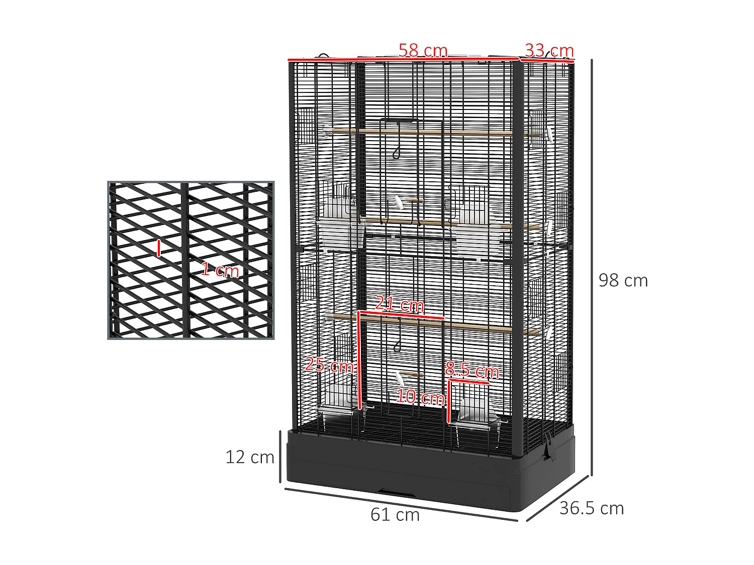 Gabbia per uccelli vassoio estraibile acciaio nero