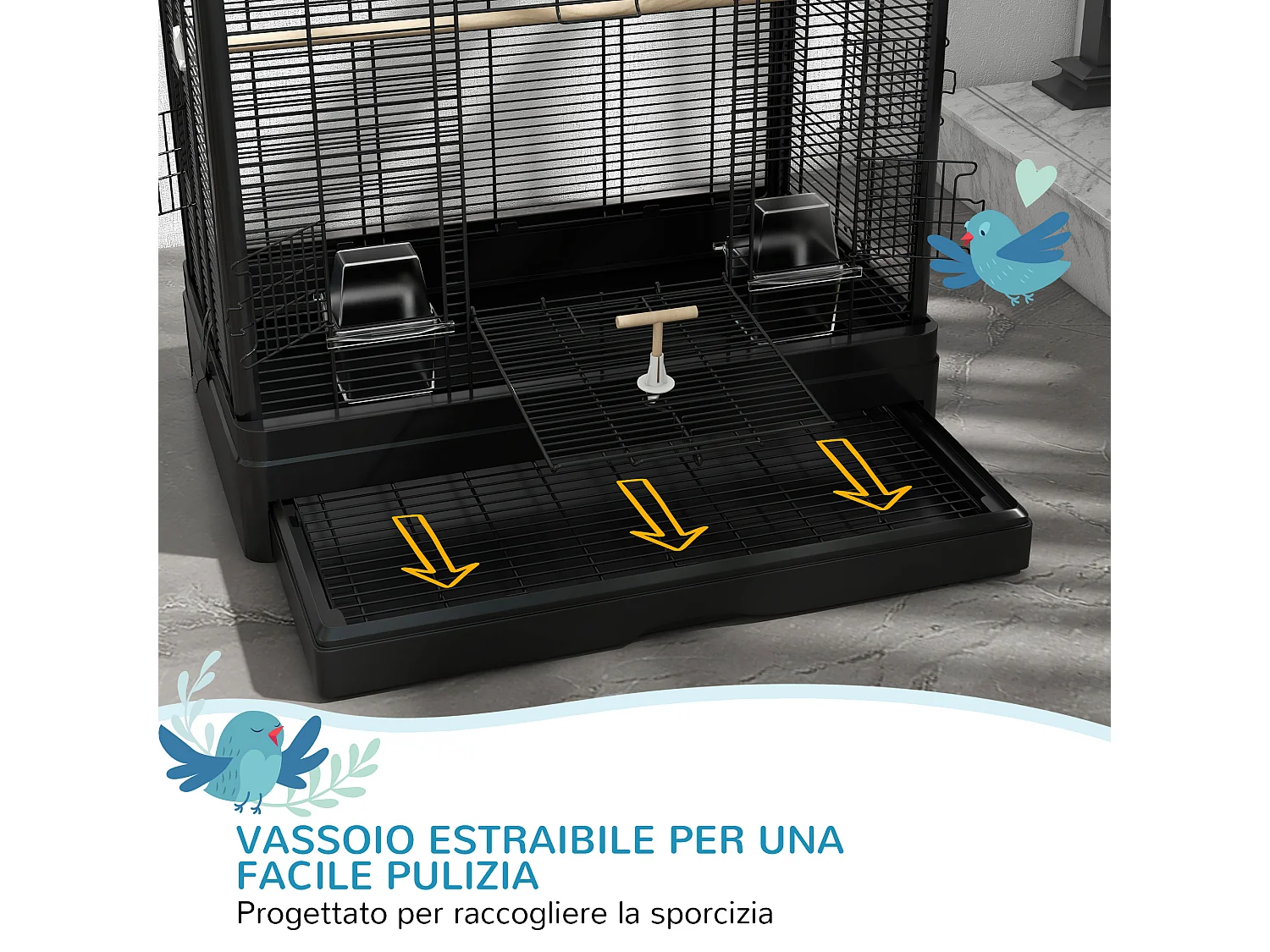 Gabbia per uccelli vassoio estraibile acciaio nero