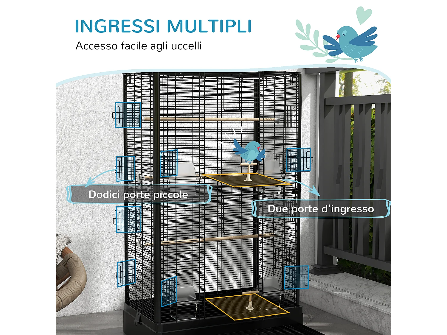 Gabbia per uccelli vassoio estraibile acciaio nero