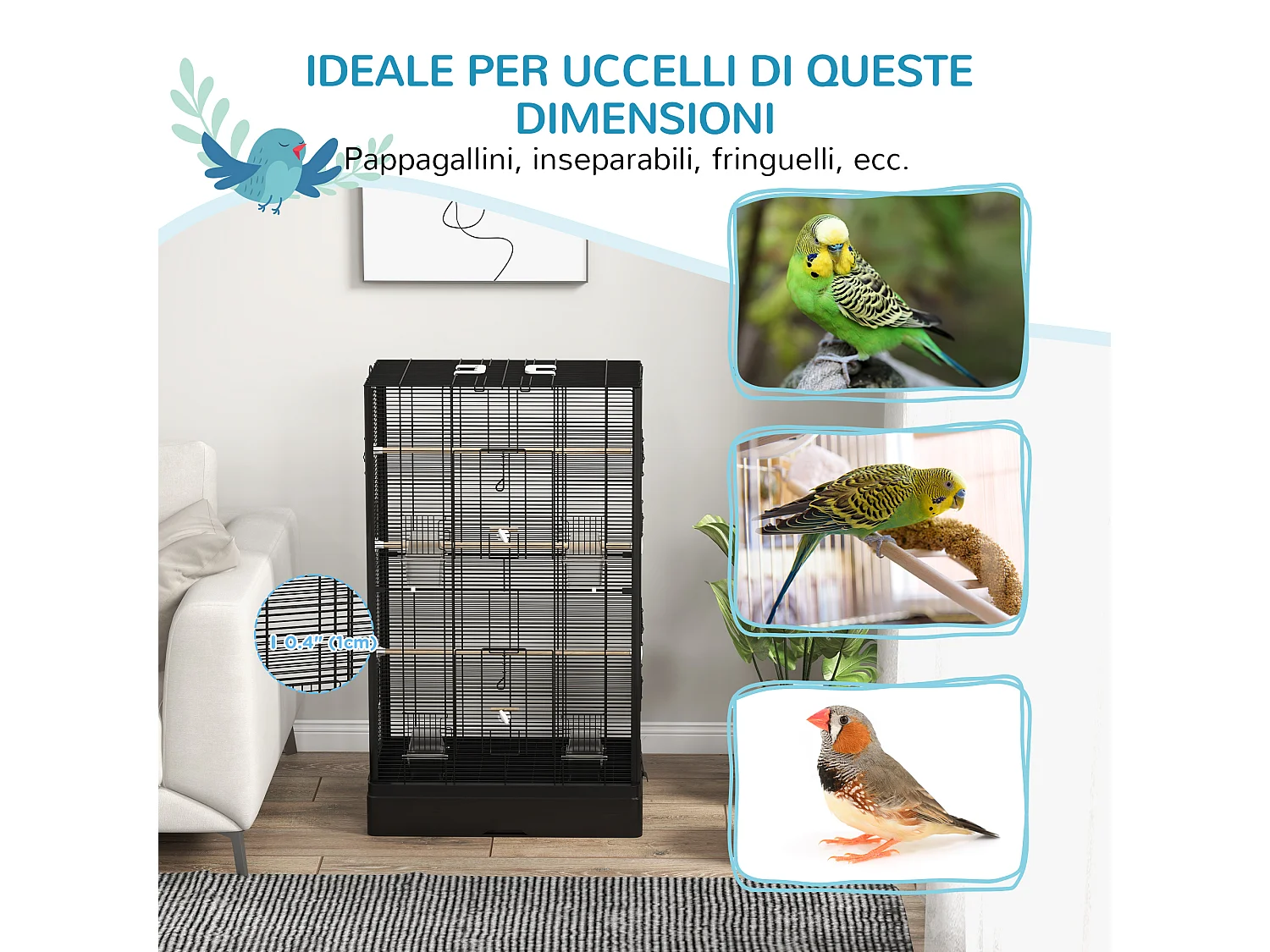 Gabbia per uccelli vassoio estraibile acciaio nero