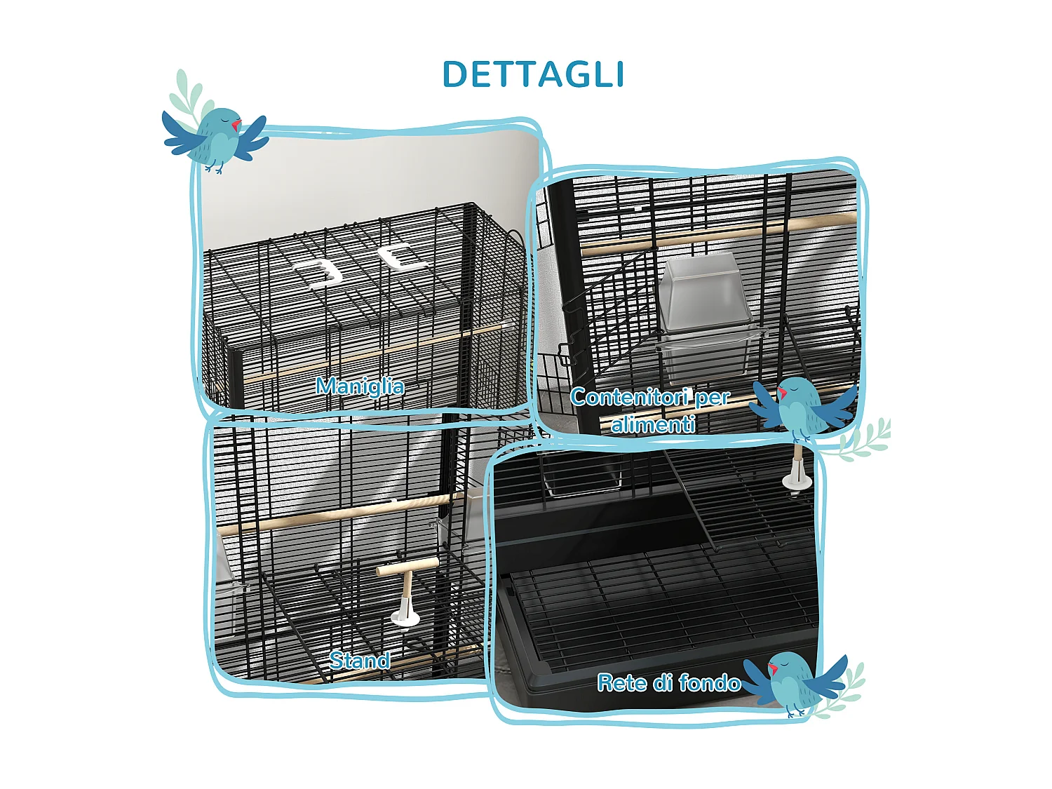 Gabbia per uccelli vassoio estraibile acciaio nero
