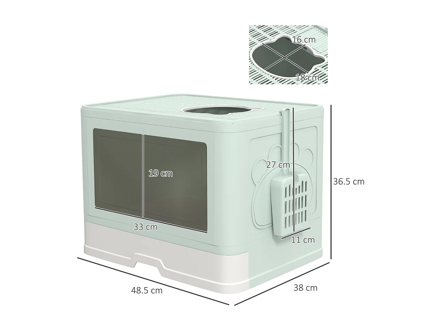 Lettiera per gatti chiusa con doppia entrata cassetto e paletta verde