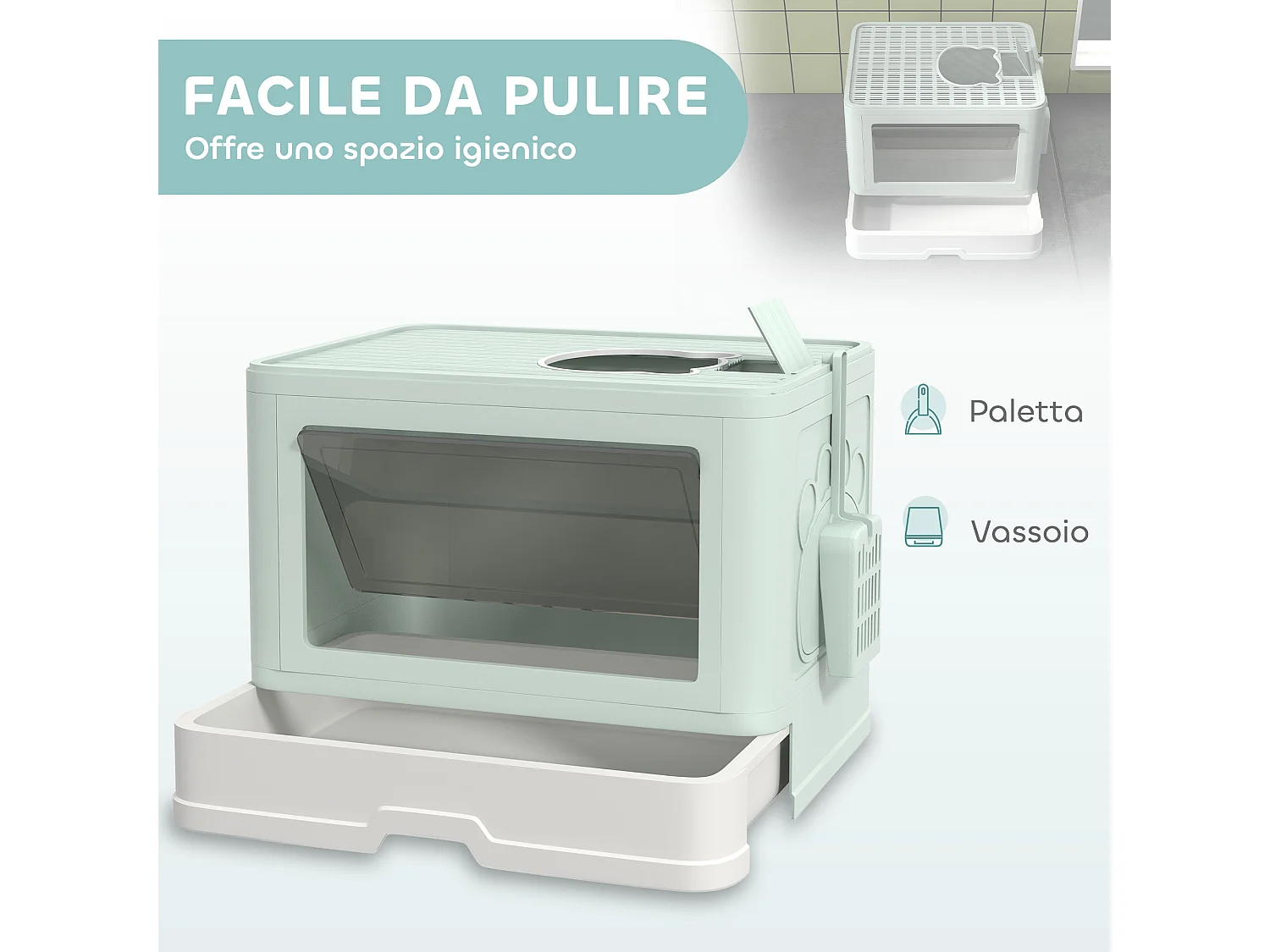 Lettiera per gatti chiusa con doppia entrata cassetto e paletta verde