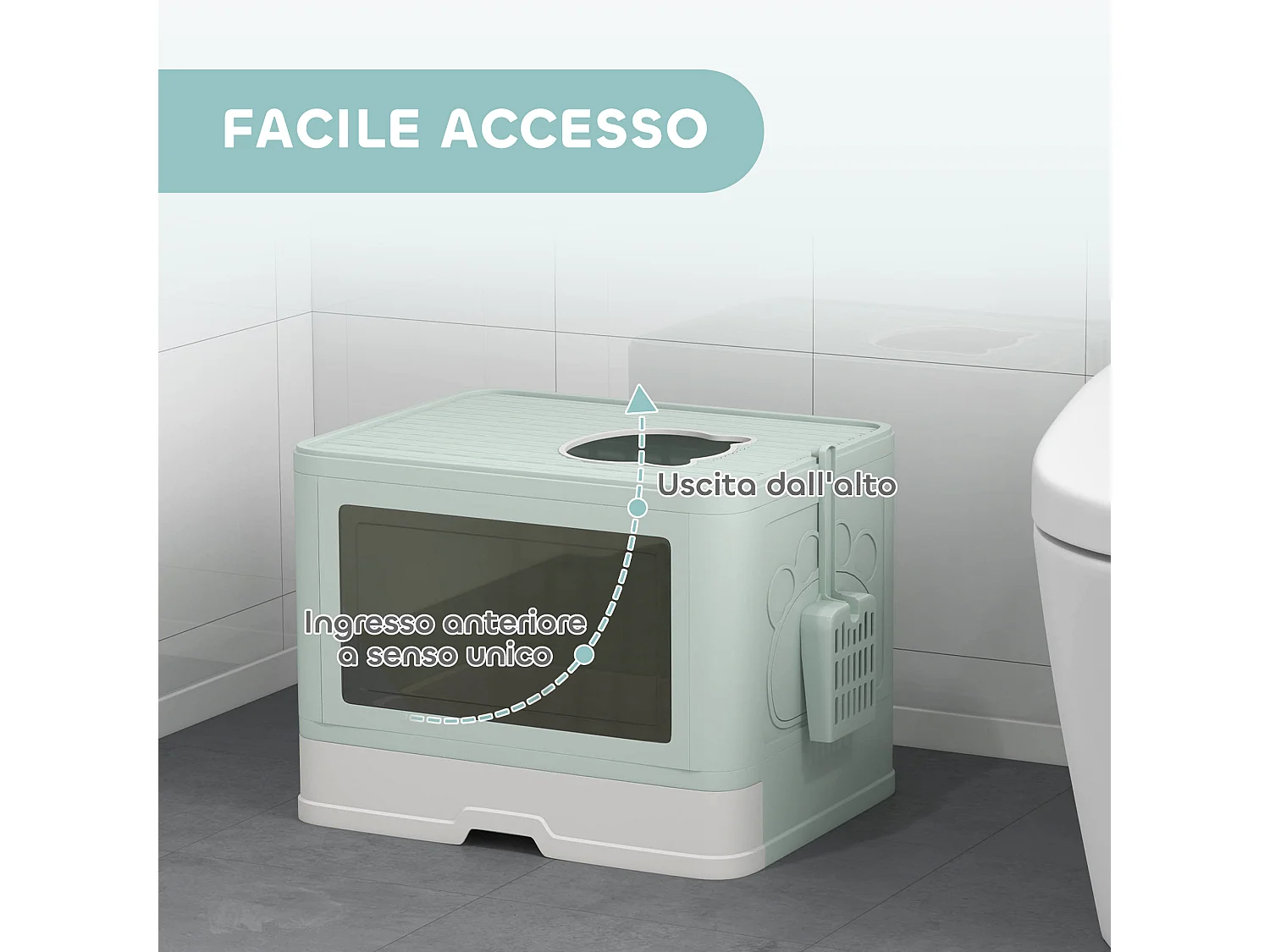 Lettiera per gatti chiusa con doppia entrata cassetto e paletta verde