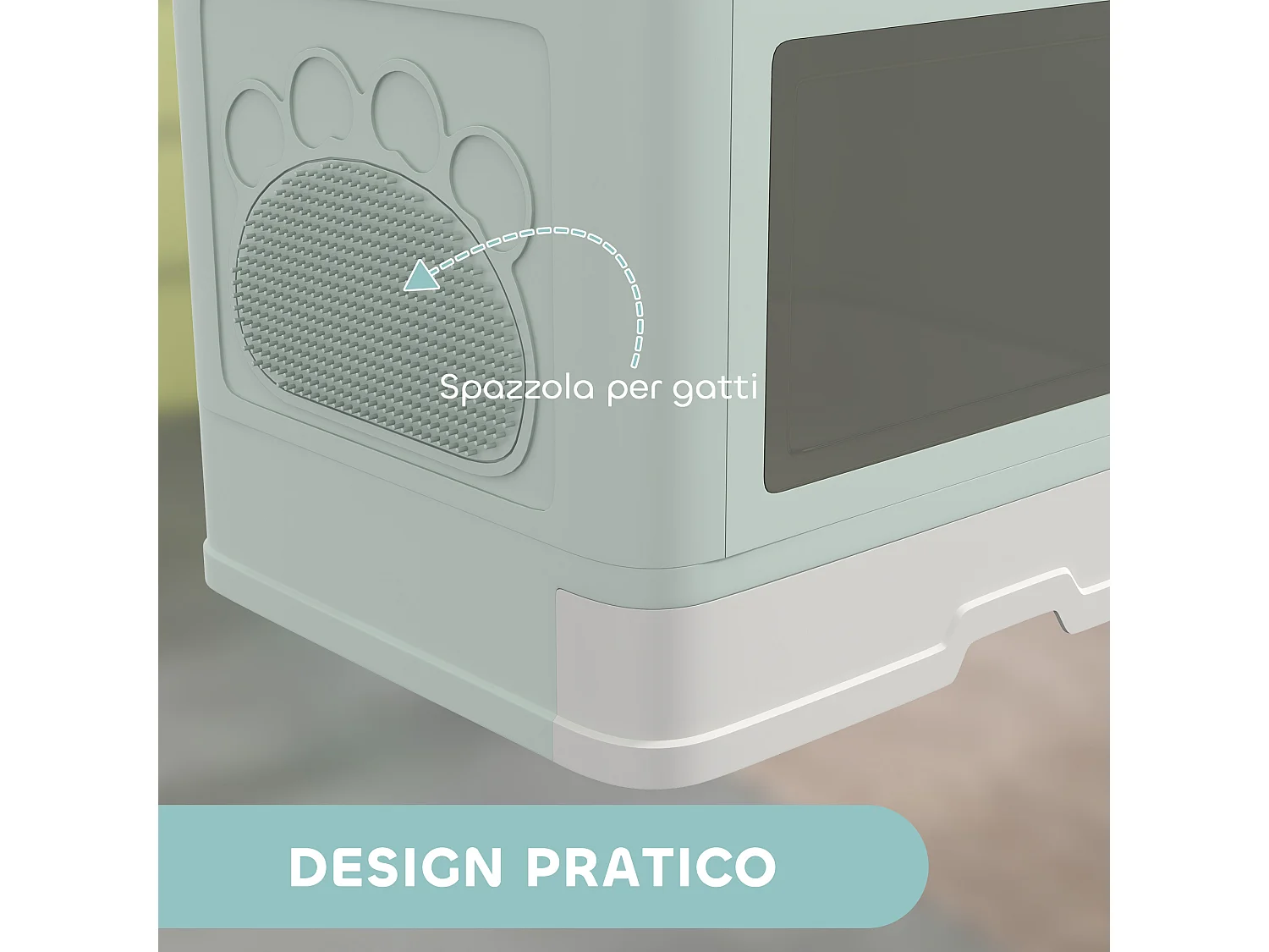 Lettiera per gatti chiusa con doppia entrata cassetto e paletta verde