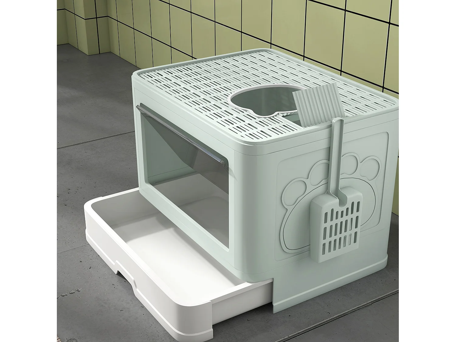 Lettiera per gatti chiusa con doppia entrata cassetto e paletta verde