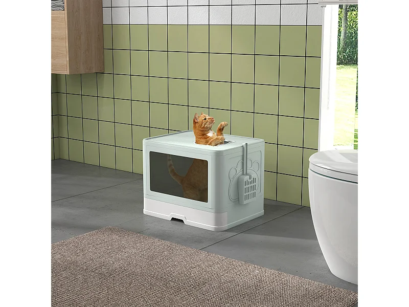 Lettiera per gatti chiusa con doppia entrata cassetto e paletta verde