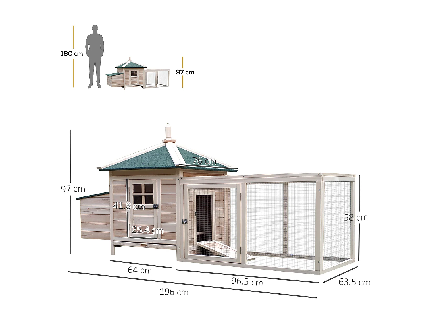 PawHut Pollaio da Giardino in Legno 196x76x97cm Color Legno