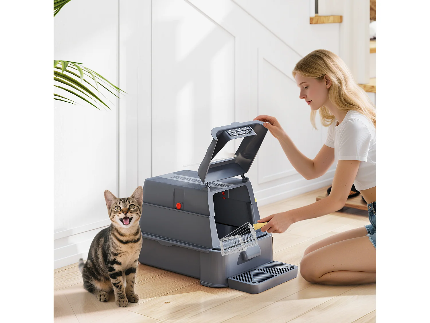 Lettiera per gatti chiusa da 80l con vassoio estraibile grigio scuro