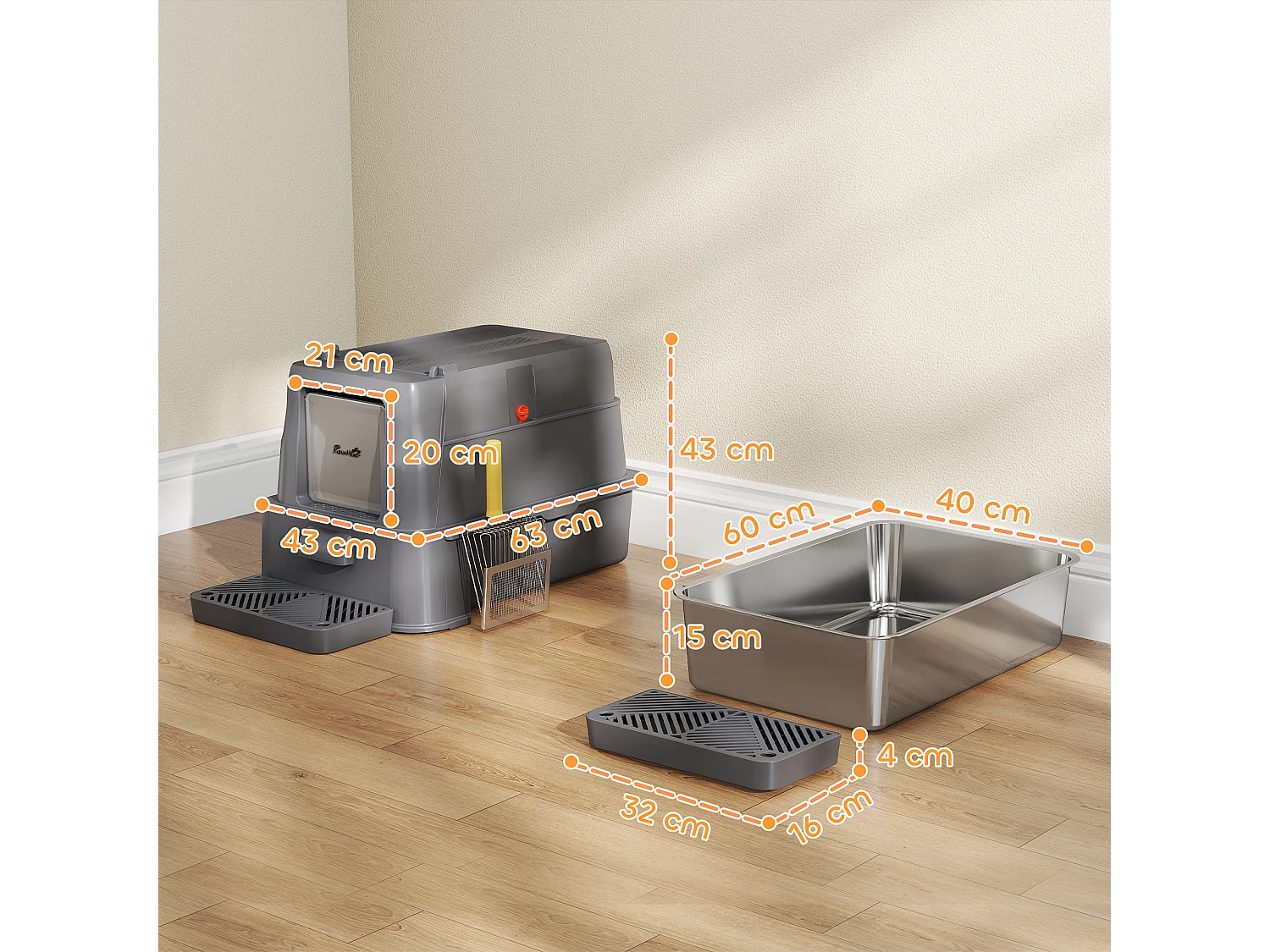 Lettiera per gatti chiusa da 80l con vassoio estraibile grigio scuro