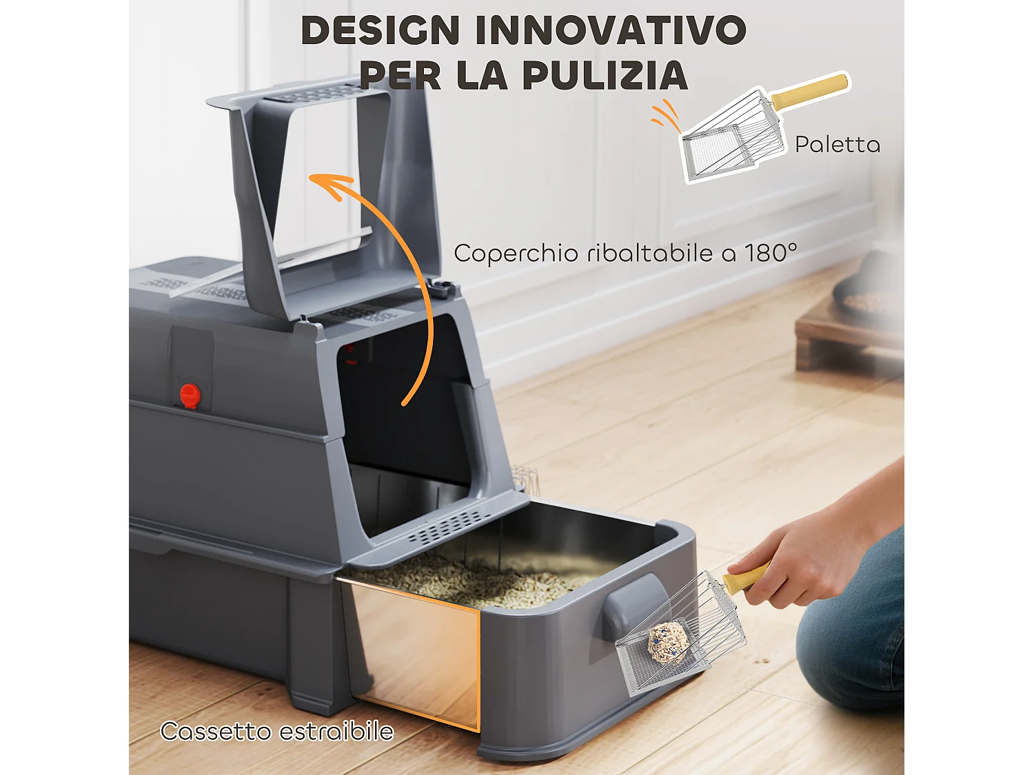 Lettiera per gatti chiusa da 80l con vassoio estraibile grigio scuro