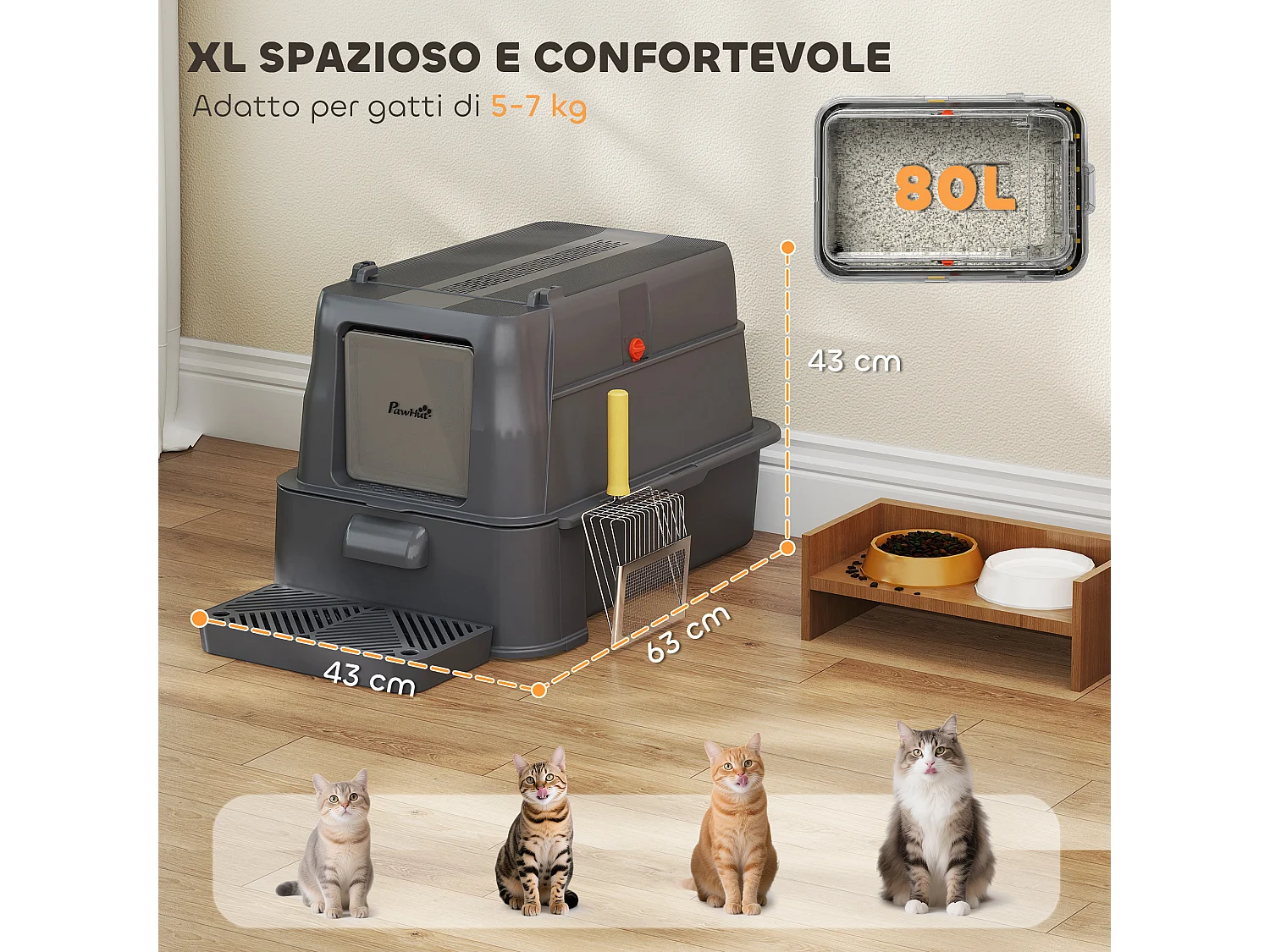 Lettiera per gatti chiusa da 80l con vassoio estraibile grigio scuro