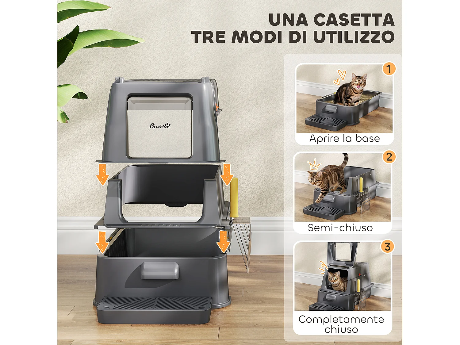 Lettiera per gatti chiusa da 80l con vassoio estraibile grigio scuro