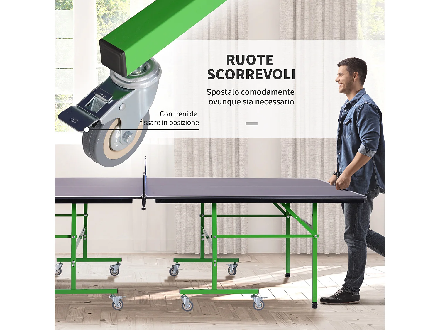 Tavolo da Ping Pong Pieghevole Interno con 8 Ruote