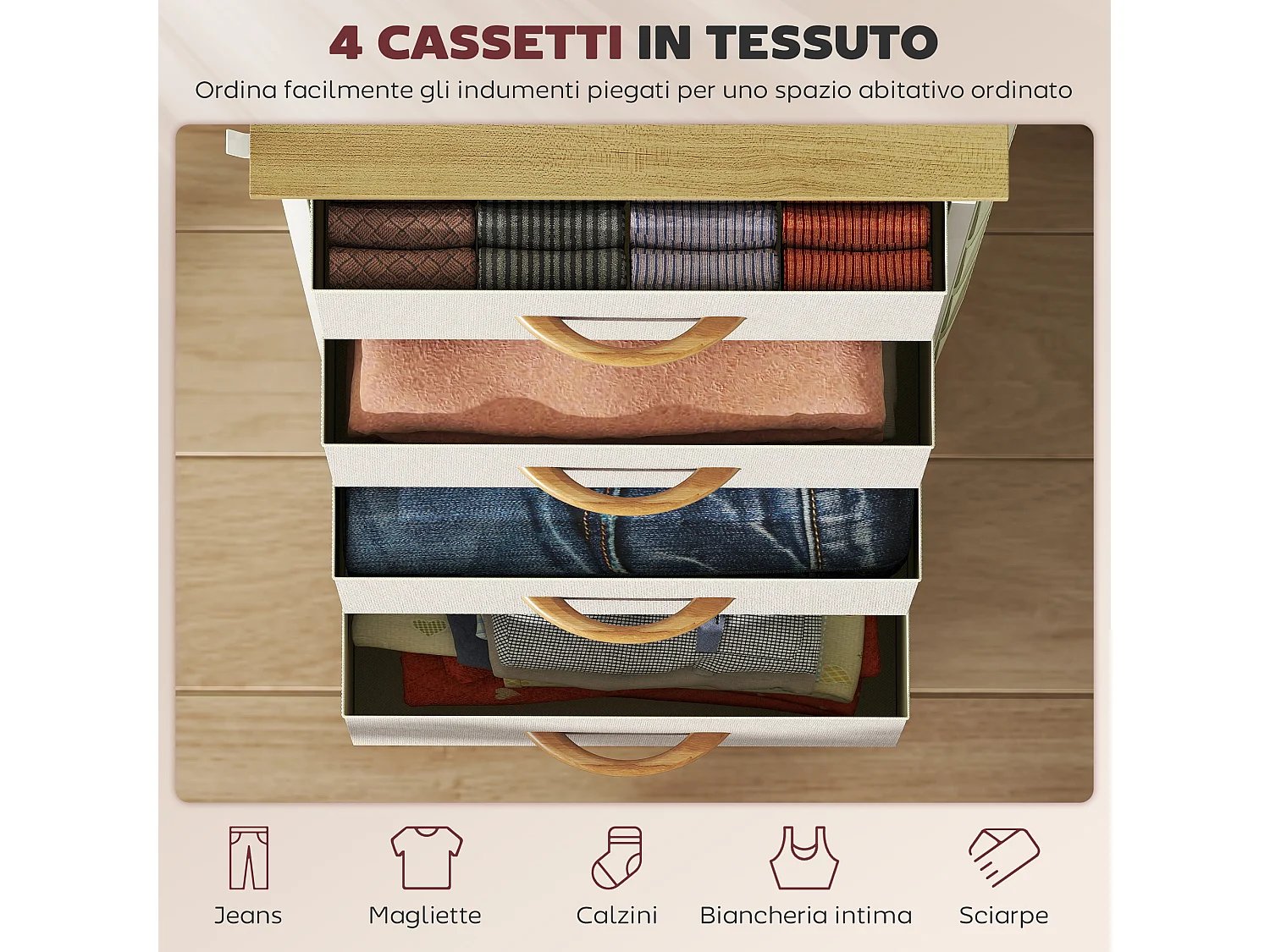Cassettiera in tessuto con 4 cassetti pieghevoli 4 tasche portaoggetti e 2 ganci