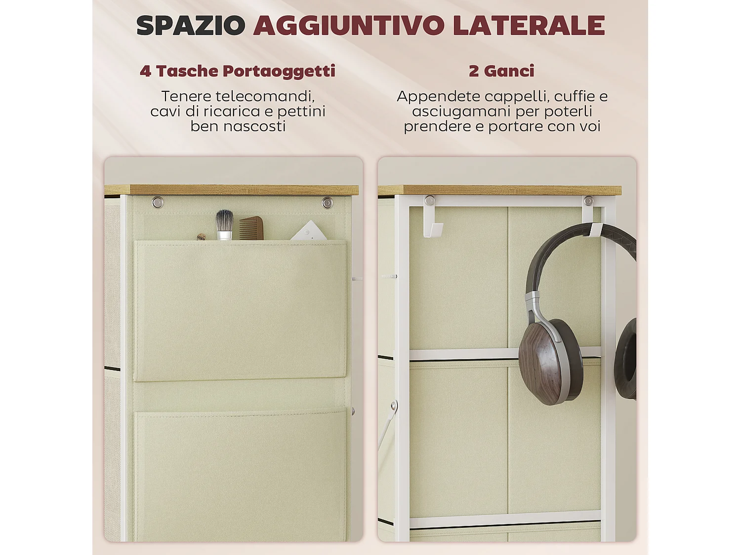 Cassettiera in tessuto con 4 cassetti pieghevoli 4 tasche portaoggetti e 2 ganci