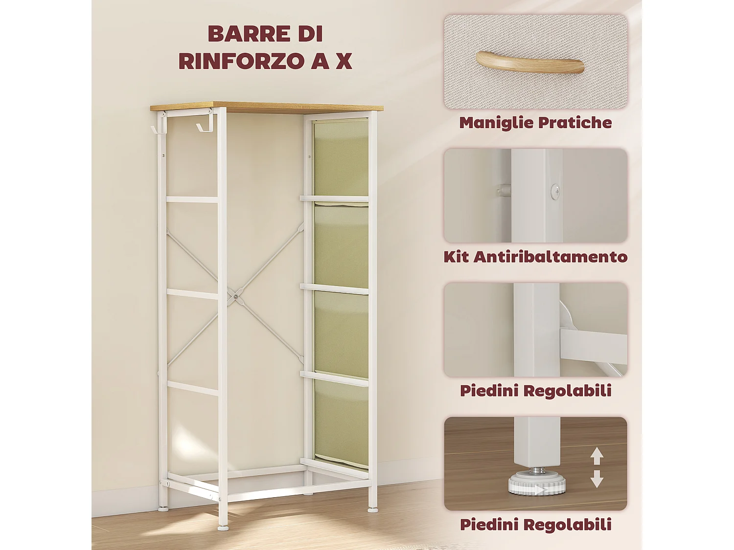 Cassettiera in tessuto con 4 cassetti pieghevoli 4 tasche portaoggetti e 2 ganci