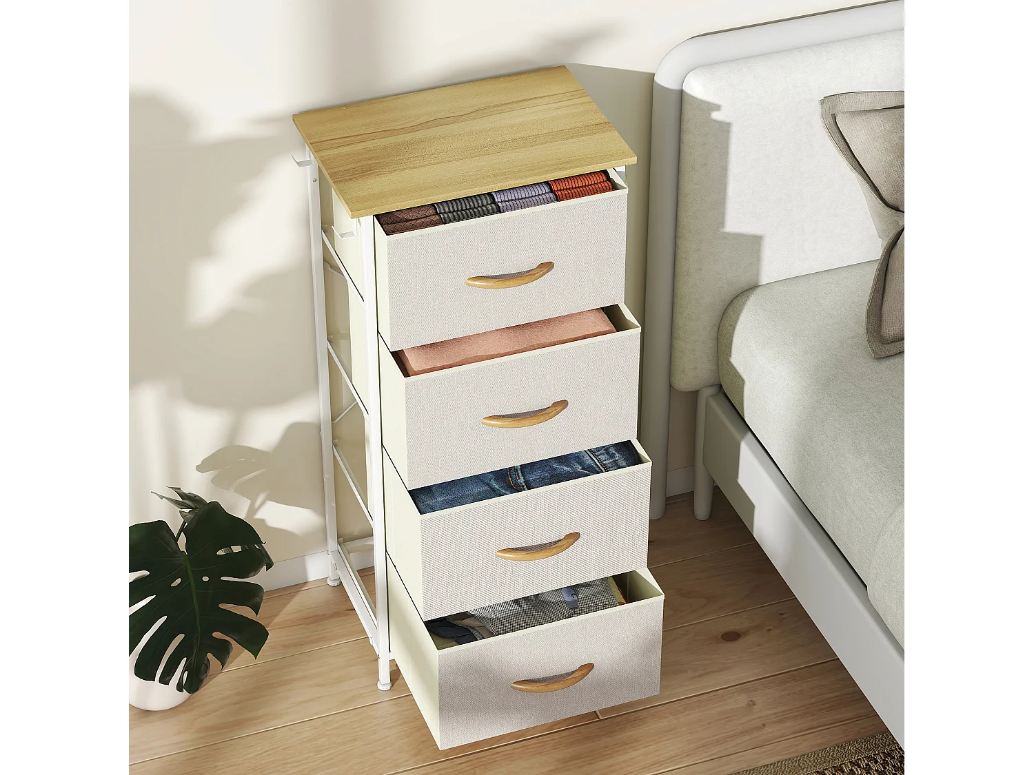 Cassettiera in tessuto con 4 cassetti pieghevoli 4 tasche portaoggetti e 2 ganci