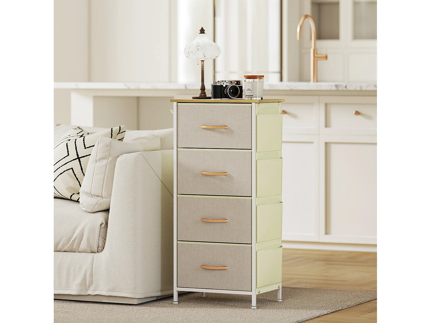 Cassettiera in tessuto con 4 cassetti pieghevoli 4 tasche portaoggetti e 2 ganci