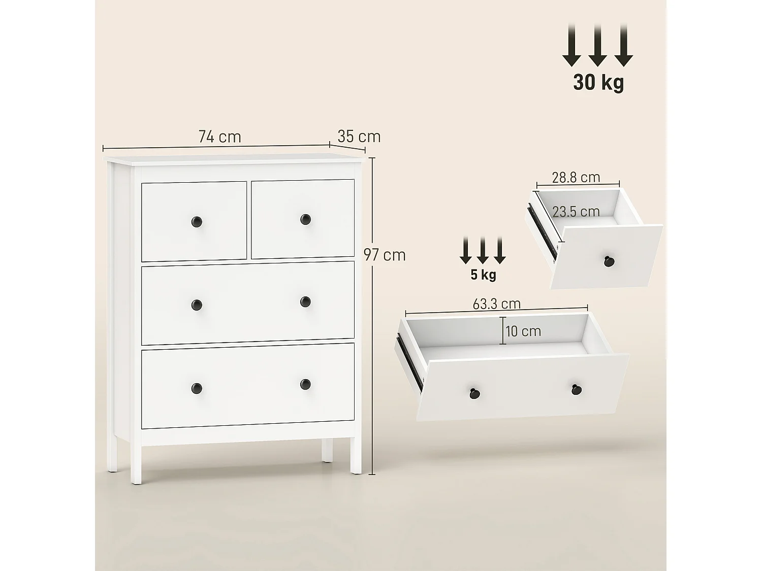 Cassettiera camera da letto 4 cassetti como camera da letto in legno con piedini antiscivolo